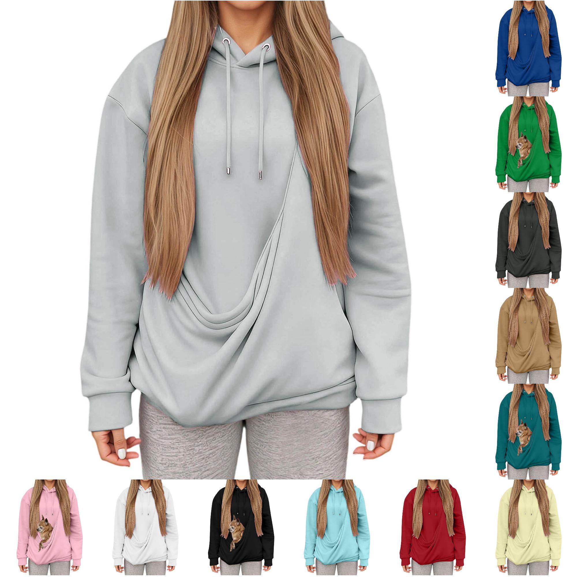 Pet Pouch Hoodie Autumn Winter Hoodie for Women with Front Pocket and Cozy Comfort by Cat Mom Everyday Wear Light Gray M
