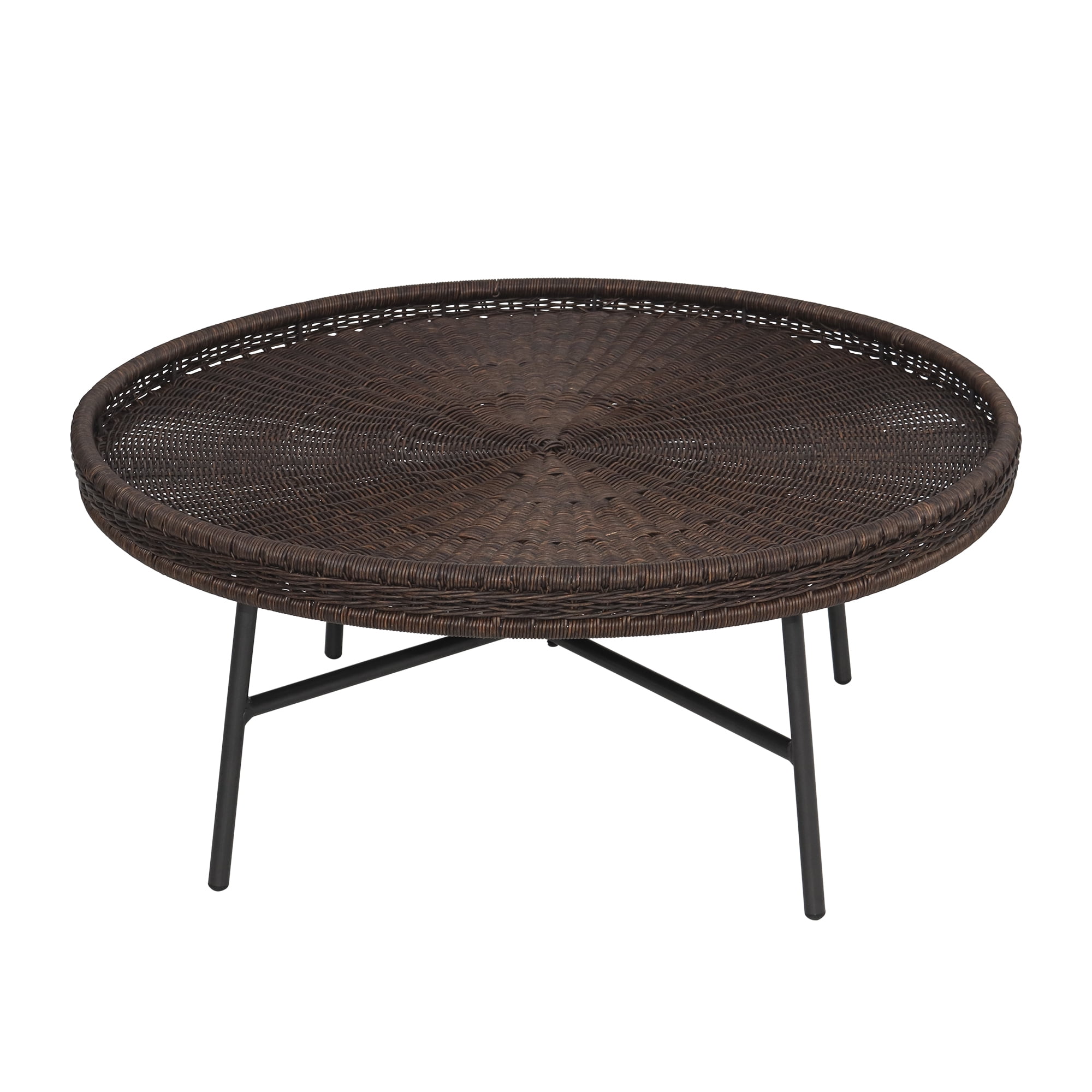 Abble 30” Round Dark Brown PE Wicker Coffee Table with Black Metal Legs,  Indoor or Outdoor use for Living Room, Patio, Garden, Backyard, Porch