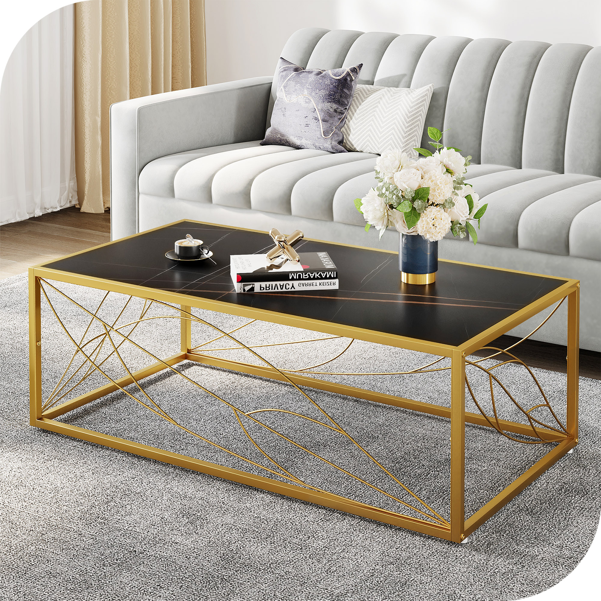Gold Modern Coffee Table 47.25" Leaf Rectangular Metal Frame And