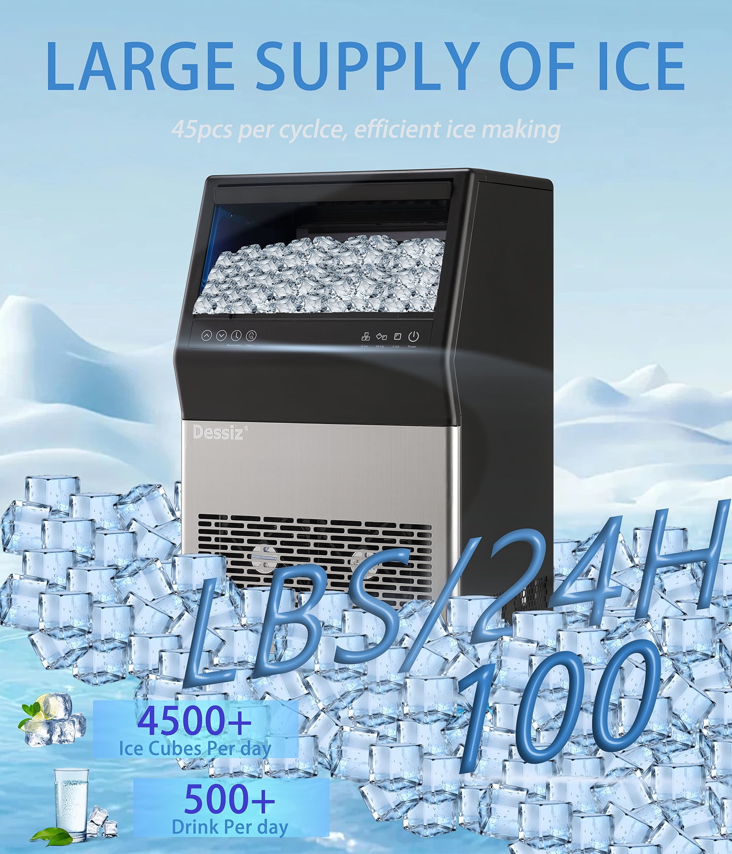 Dessiz Commercial Ice Maker Machine, 100lbs/24H and 45pcs Stainless Steel Freestanding Ice Machine, Tap Water & Top Loading Under Counter ice Maker,Self-Cleaning for Bar Office Restaurant