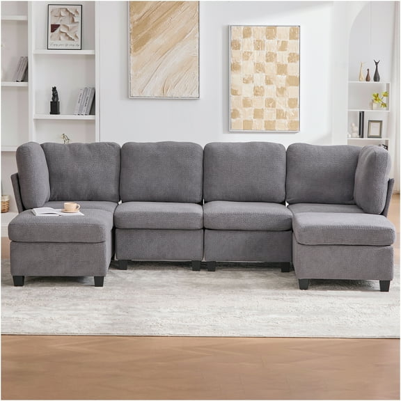 JERFIT Modular Sectional Sofa with Storage Ottoman, 6-Piece Convertible U-Shaped Chaise Lounge Set in Gray Polyester Fabric for Living Room, Apartment