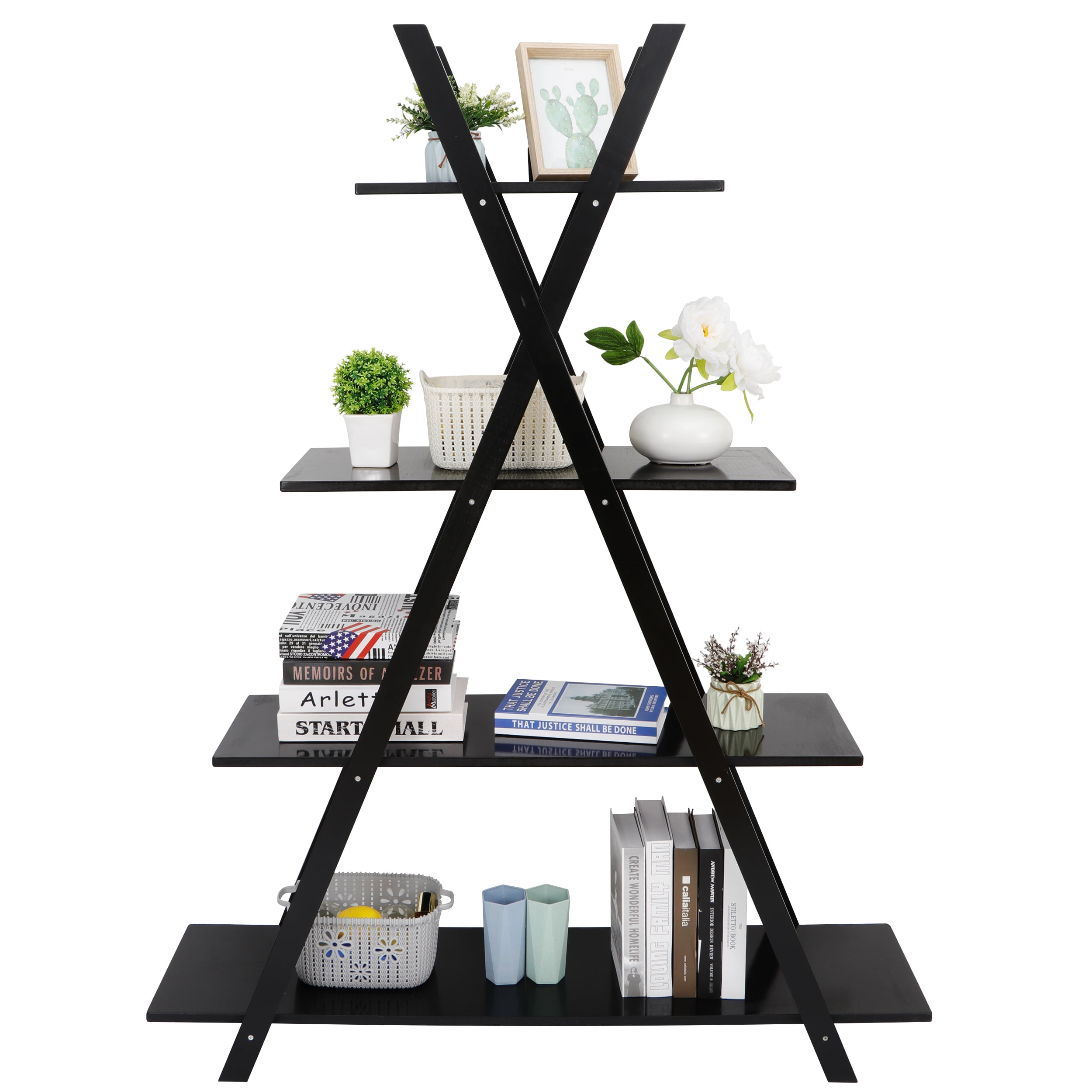 "A" Frame Bookshelf Storage Shelf 4 Tiers Solid Wood Construction
