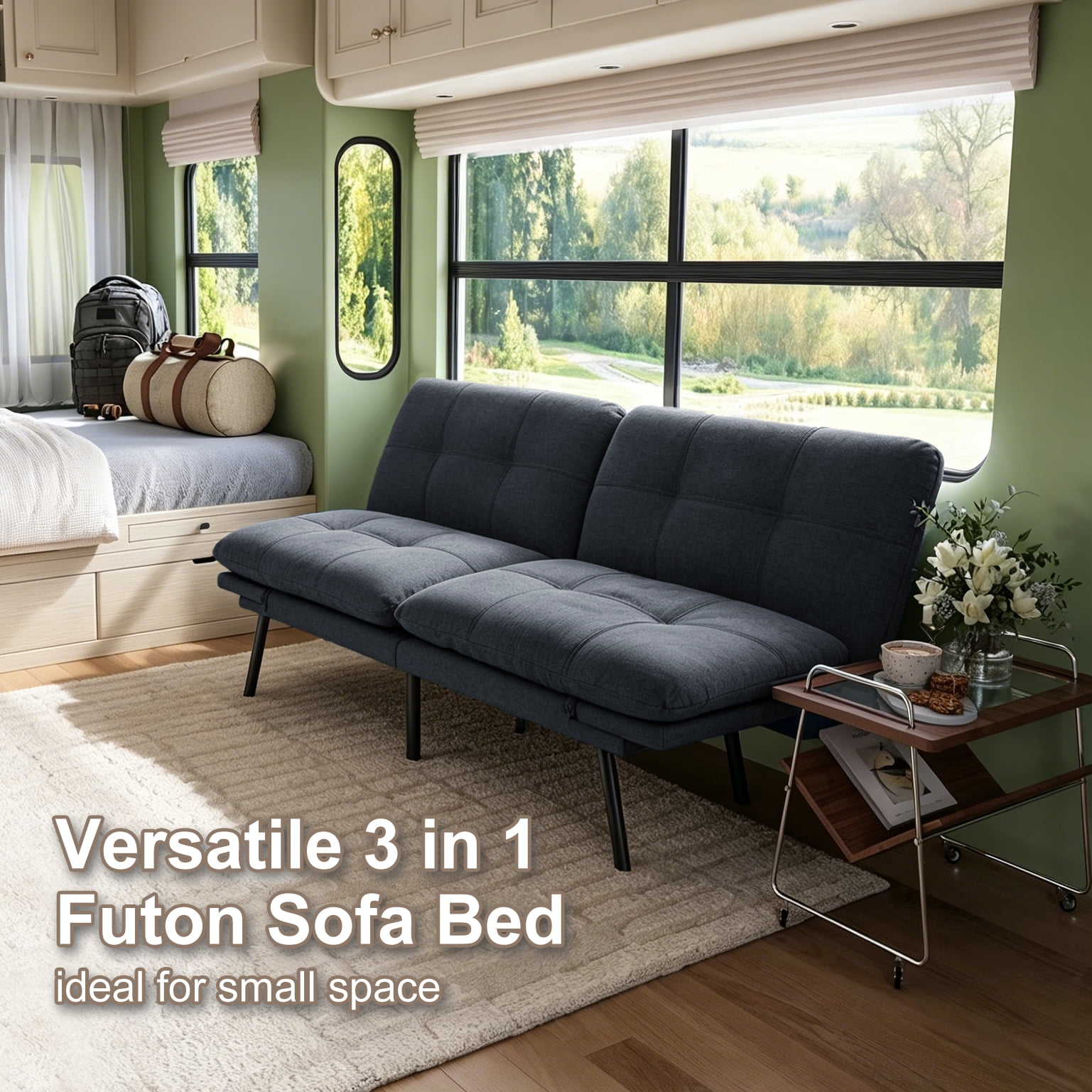 BSHTI 70.87" Convertible Futon Sofa Bed, Linen Fabric 2-Seater Sleeper Couch with 5-Level Adjustable Backrest & Armrests for Living Room, Office, Guest Room, Small Spaces