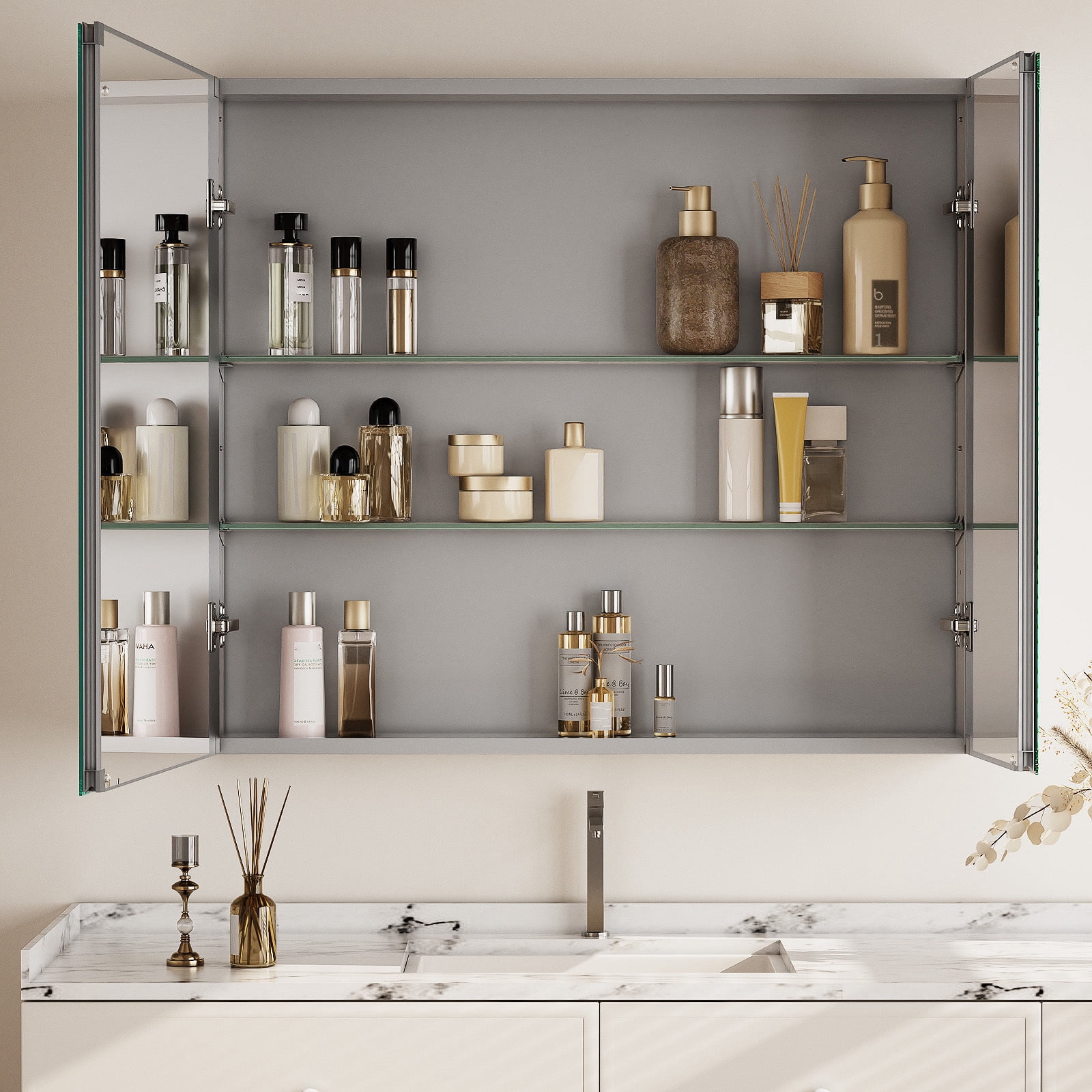 BEAUTYPEAK 30" x 26" Bathroom Medicine Cabinet with Mirror, Recessed or Wall Mounted Storage Organizer