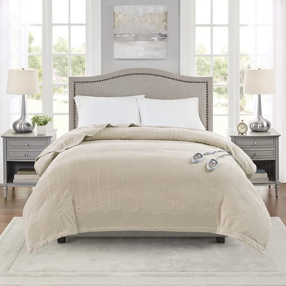 Electric Blanket Luxurious Fleece Ultra Soft Ribbed Textured, Cozy and Snuggly Cover for Cold Weather, Fast Heating, Auto Shut Off, 20 Level Heat Setting Controller, Twin, Beige