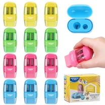 AOWOO 12 Pcs Manual Pencil Sharpener with Lid & Eraser, Double Hole Multicolored Handheld Sharpener with Fun Stationery Back to School Supplies, Classroom Rewards, and Birthday Party Favors