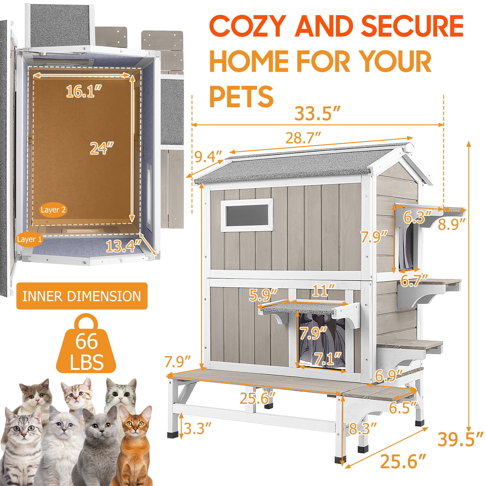 PETSCOSSET Insulated Outdoor Cat House Wooden Feral Cat Shelter with Balcony