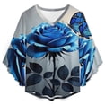 thumbnail image 4 of Romantic Blue Rose Butterfly Grey Women's V-Neck Blouse With 3/4 Ruffled Bell Sleeves Casual Top Ladies Blouses, 4 of 7