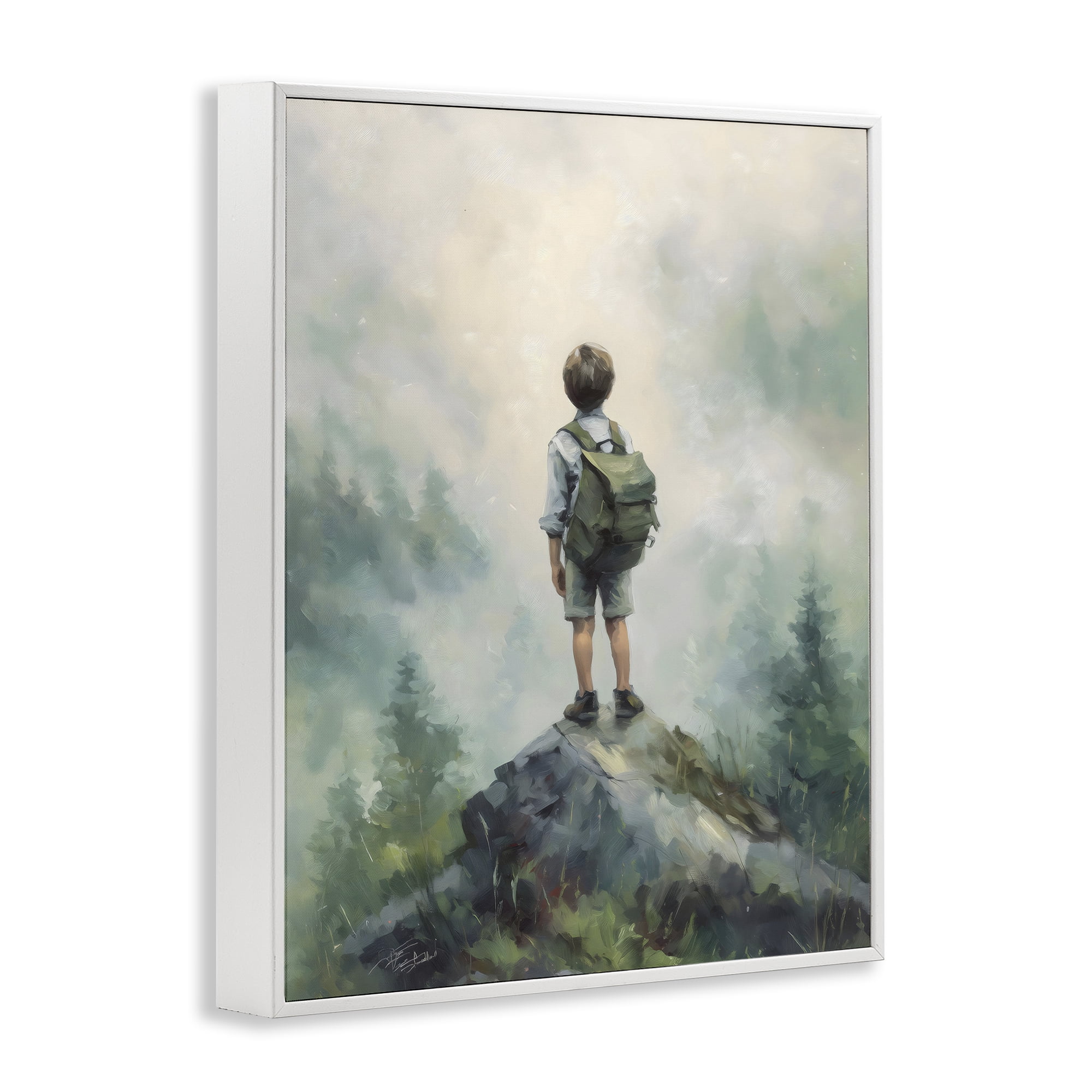 Boy Adventurer Atop Mountain White Framed Giclee Art, design by Arlington Prints