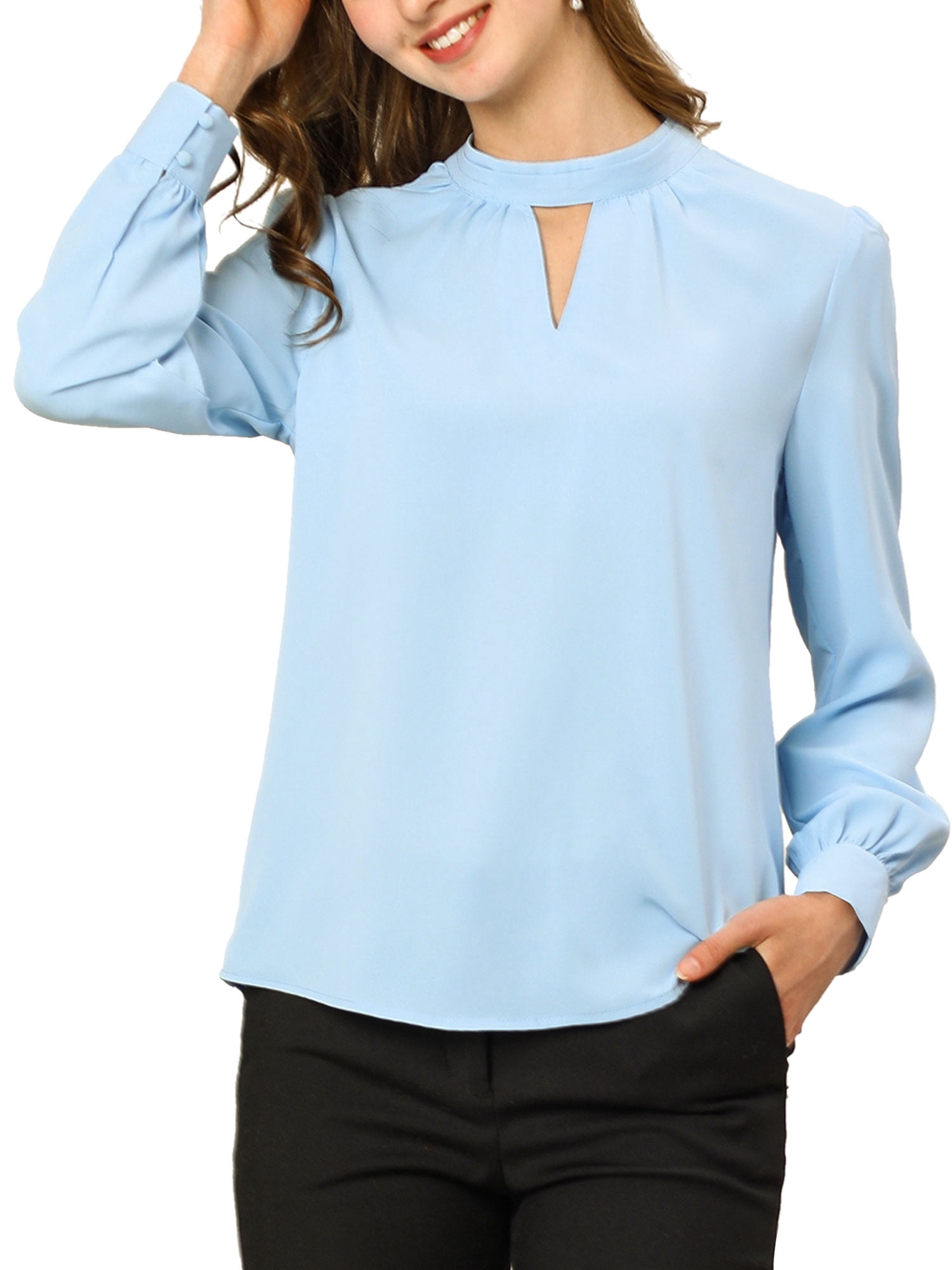 DARING DIVA Women's Stand Collar Long Sleeve Office Blouse XL Light Blue