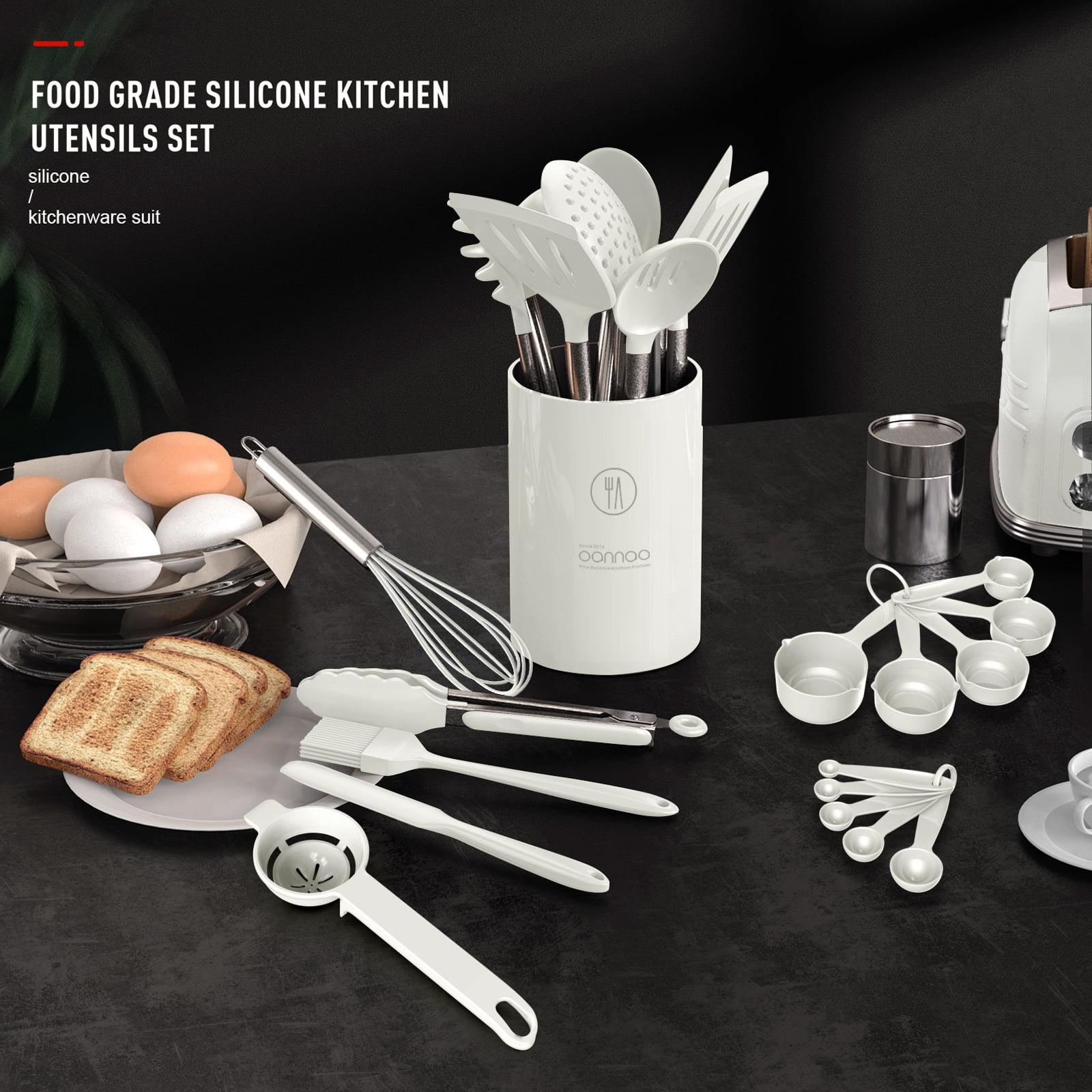 Large Silicone Cooking Utensils Set - Heat Resistant Kitchen Utensils,Turner Tongs,Spatula,Spoon,Brush,Whisk,Stainless Steel Silicone Cooking Tool for Nonstick Cookware,Dishwasher Safe (Cream White)