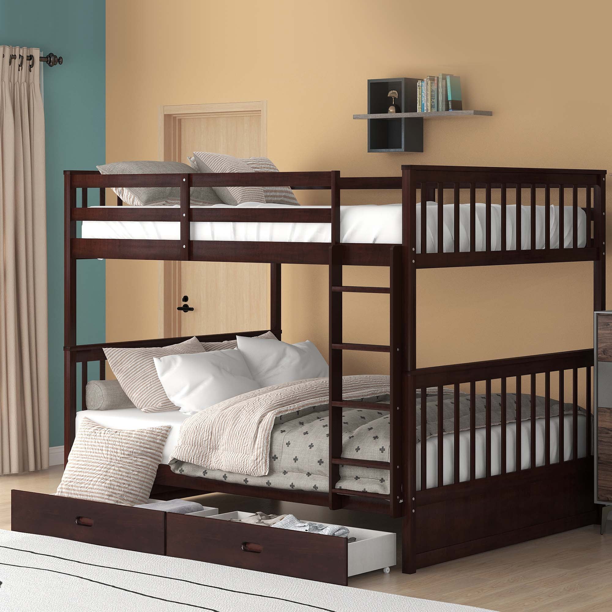 DEALTOPS Full over Full Bunk Bed with Ladder and 2 Drawers for Kids Adults Bedroom Furniture, Espresso