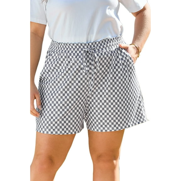 Women's Plus Size Gray Checkerboard Lace-Up High Waist Casual Shorts - [ZhiHiMeRi] | (US 14W-16W)1X
