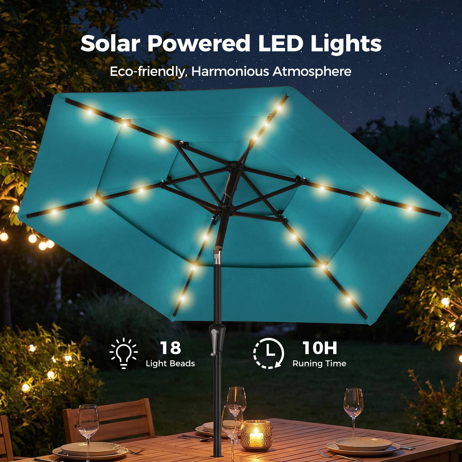 Patbrela 9ft 3-Tier Solar Patio Umbrella with LED Lights, Tilt Adjustment Outdoor Umbrella, Market Sun Shade for Beach, Backyard, Deck, Poolside, Dark Gray