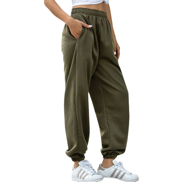 Frontwalk Women Sweatpants High Waisted Bottoms Solid Color Sports Pants  Ladies Comfy Trousers Tapered Leg Khaki XL