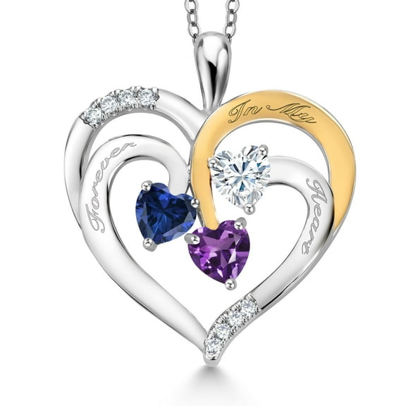 Gem Stone King Two Tone Blue Created Sapphire White Moissanite Purple Amethyst `Forever in My Heart` Engraved Pendant Necklace for Women (1.34 cttw, Heart Shape 5MM, 18 inch Chain)