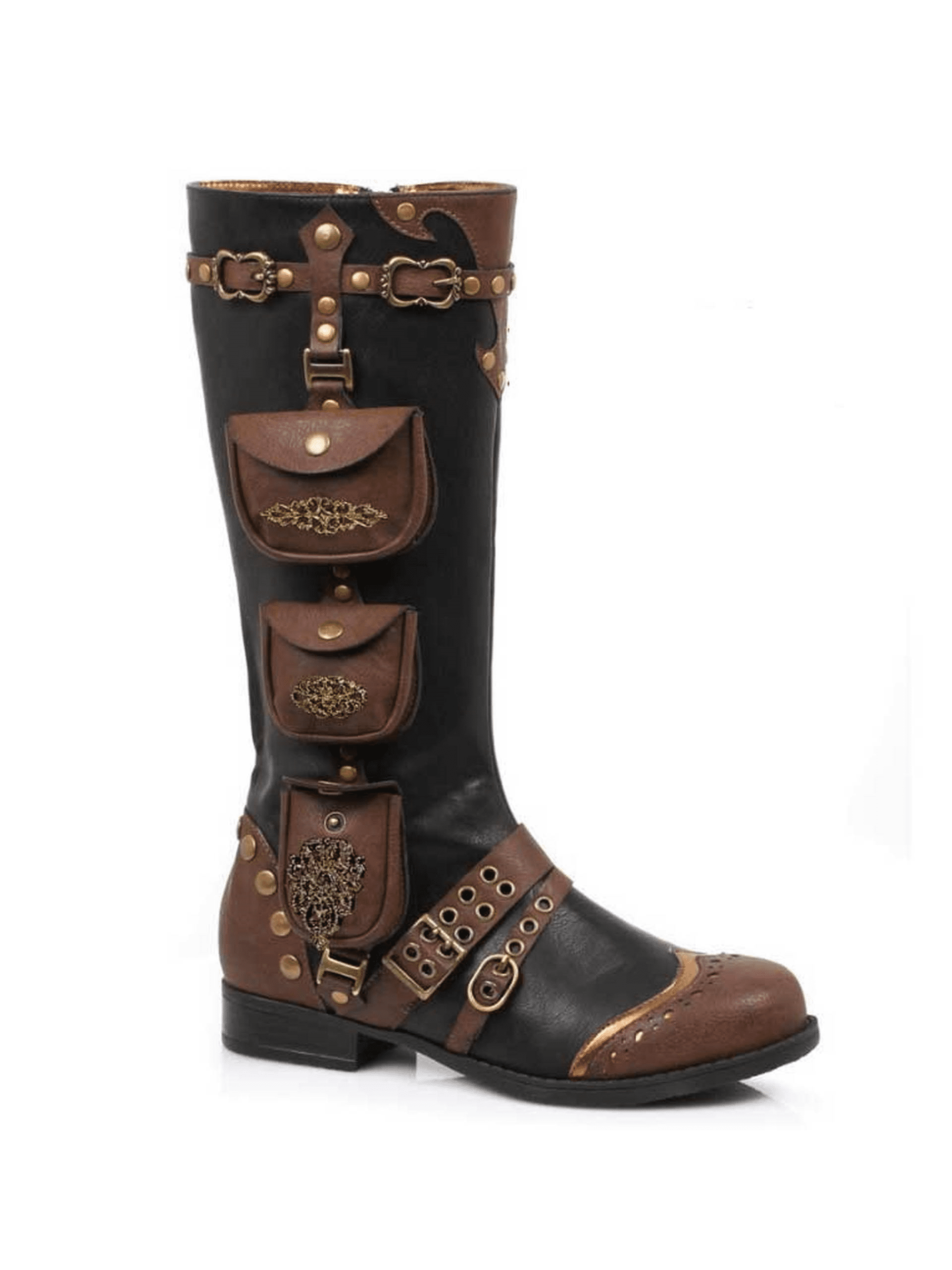 Womens 1 Inch Heels Black Knee High Boots Steampunk Brown Straps Costume Shoes
