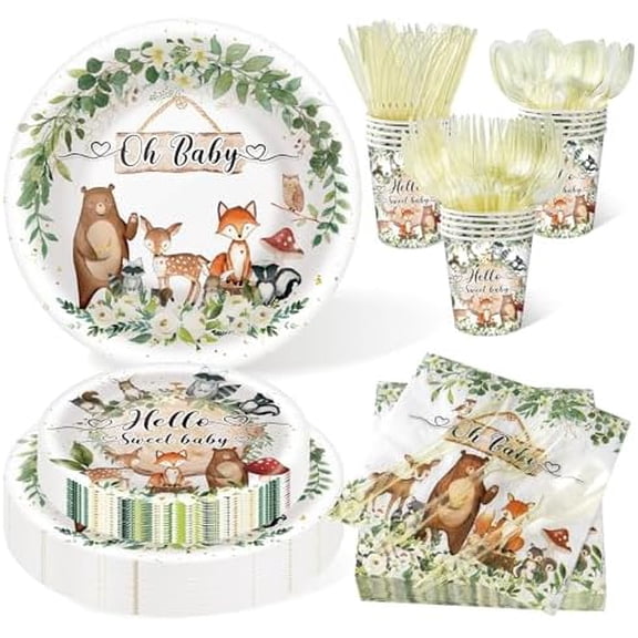 350 Pieces Woodland Baby Shower Decorations Set Serves 50 Guests, Forest Theme Party Supplies Tableware with Plates, Cups, Napkins, Disposable Tableware$$Home Decor, Kitchen, & Other