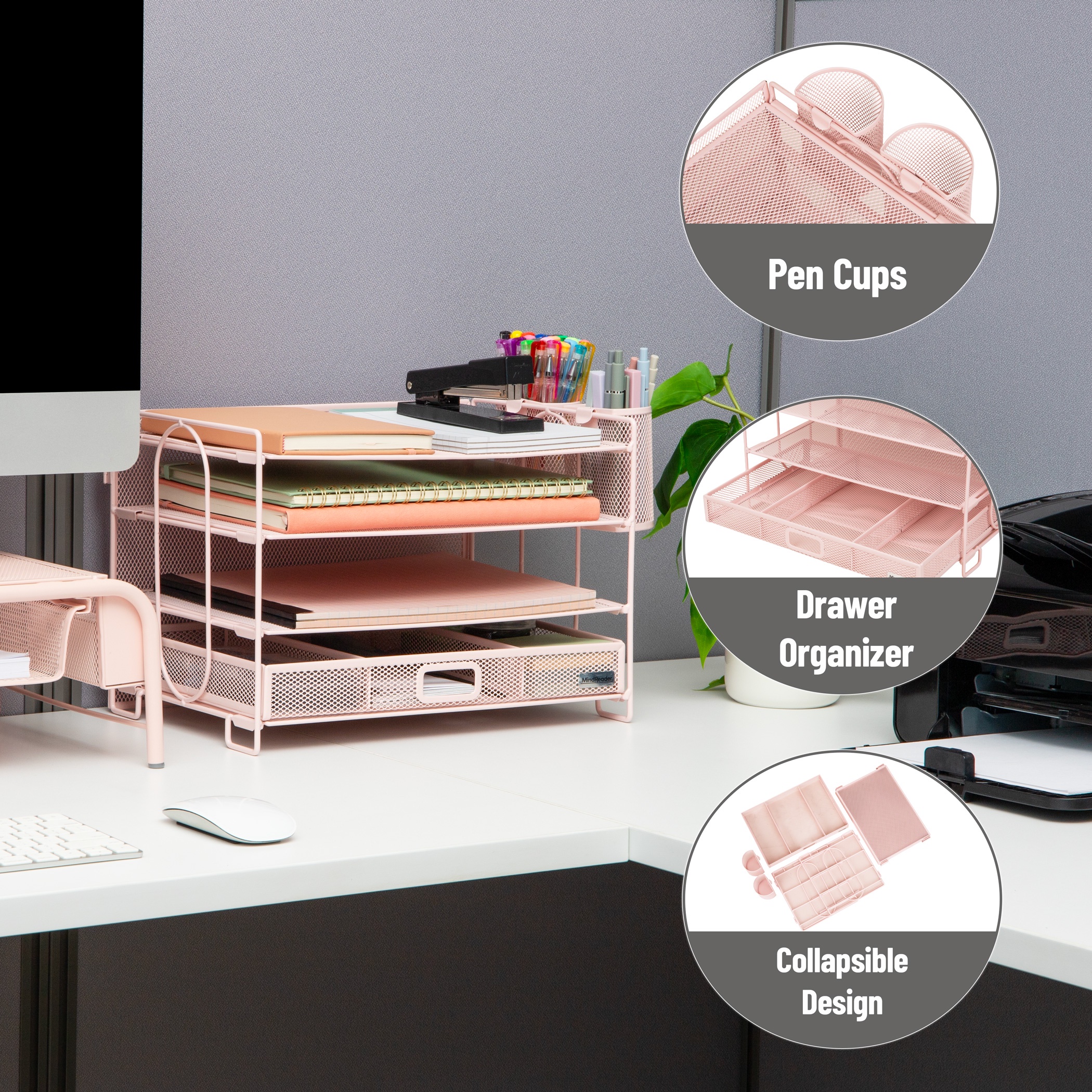 Mind Reader Mesh Desk Organizer, 3 Trays, 1 Drawer, 2 Pen Holders Metal , Pink
