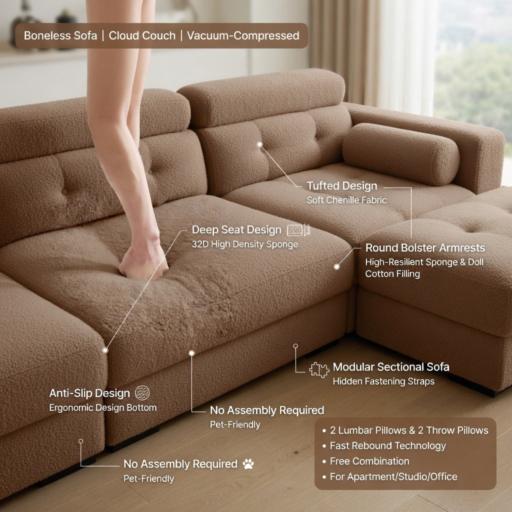 Hommoo Teddy Fleece Modular 3-Seat Sofa, Cloud-Soft Curved Backrest, Double-Layer Cushioning & Lumbar Support, Living Room Couch, Camel