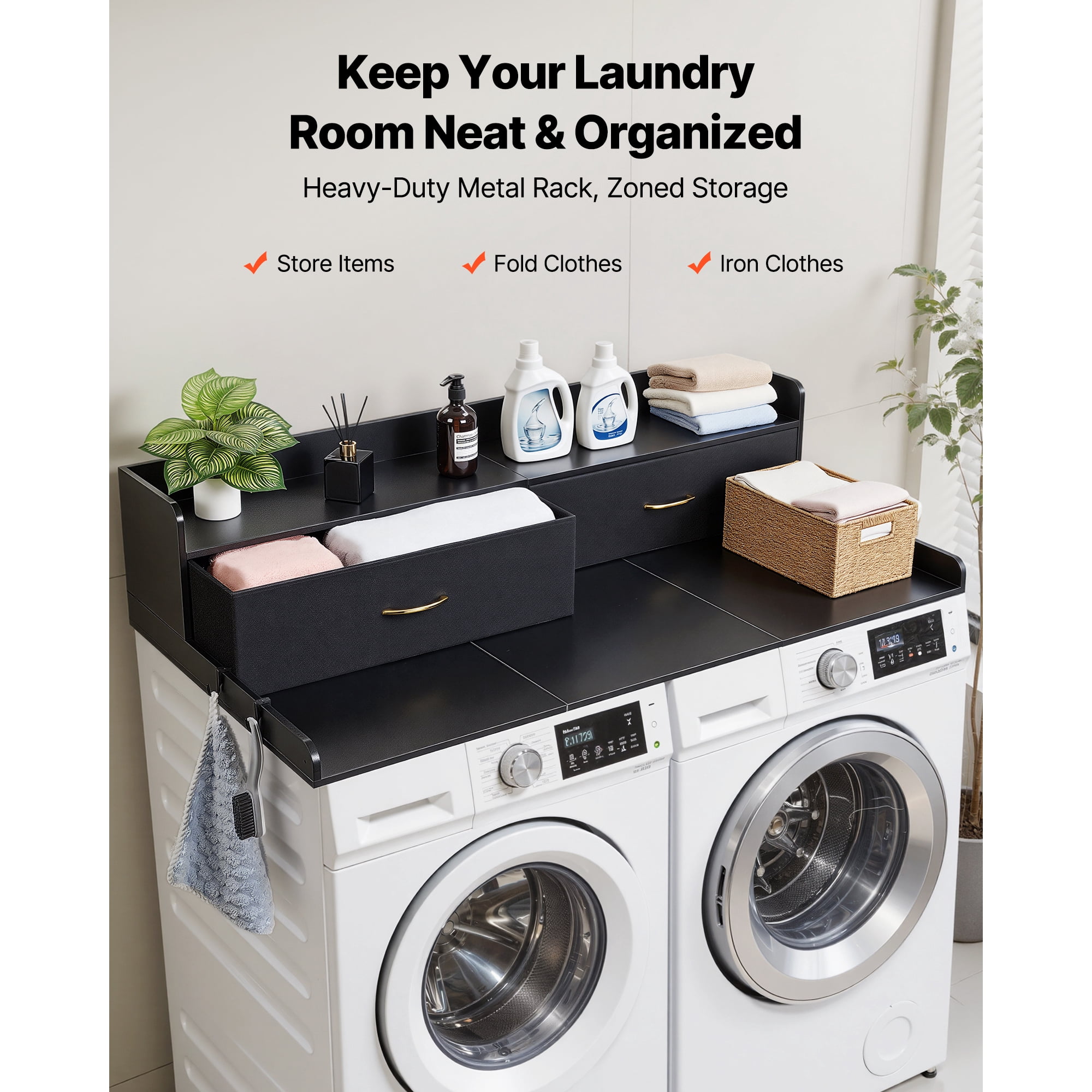 KFFKFF Washer Dryer Countertop with Shelf, 54 x 27.5 in Wooden Laundry Topper with 2 Drawers & 2 Hooks, Laundry Machine Organizer for Closet and Pantry Storage, Black