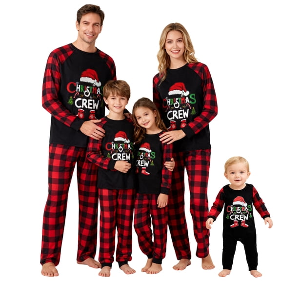Family Matching Christmas Pajamas Letter Print Long Sleeve Tops   Plaid Pants Sleepwear Set