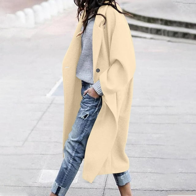 RXMEKW Wool Coat for Women, Solid Color Oversized Button Closure with Functional Pockets, Mid-Length Casual Blazer Style Jacket for Fall and Winter