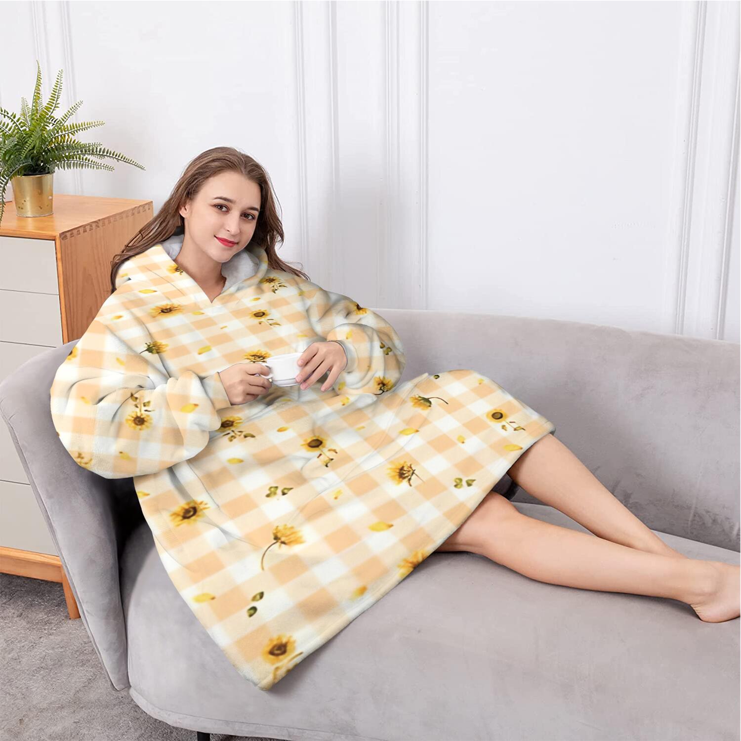 Oversized Wearable Blanket Hoodie,Orange White Checker Sunflower Pattern Sherpa Blanket Hoodie with Super Pockets,Super Warm Fuzzy Pullover for Women & Men