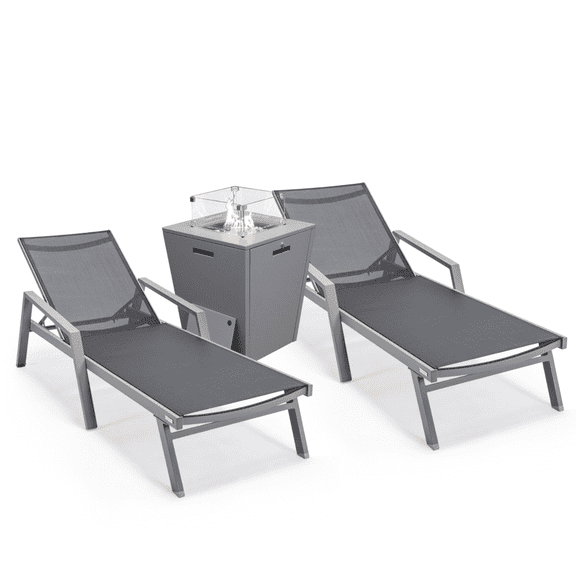 LeisureMod Marlin Set of 2 Gray Aluminum Lounge Chair & Fire Pit Set – Outdoor Patio Furniture for Backyard, Garden, or Porch