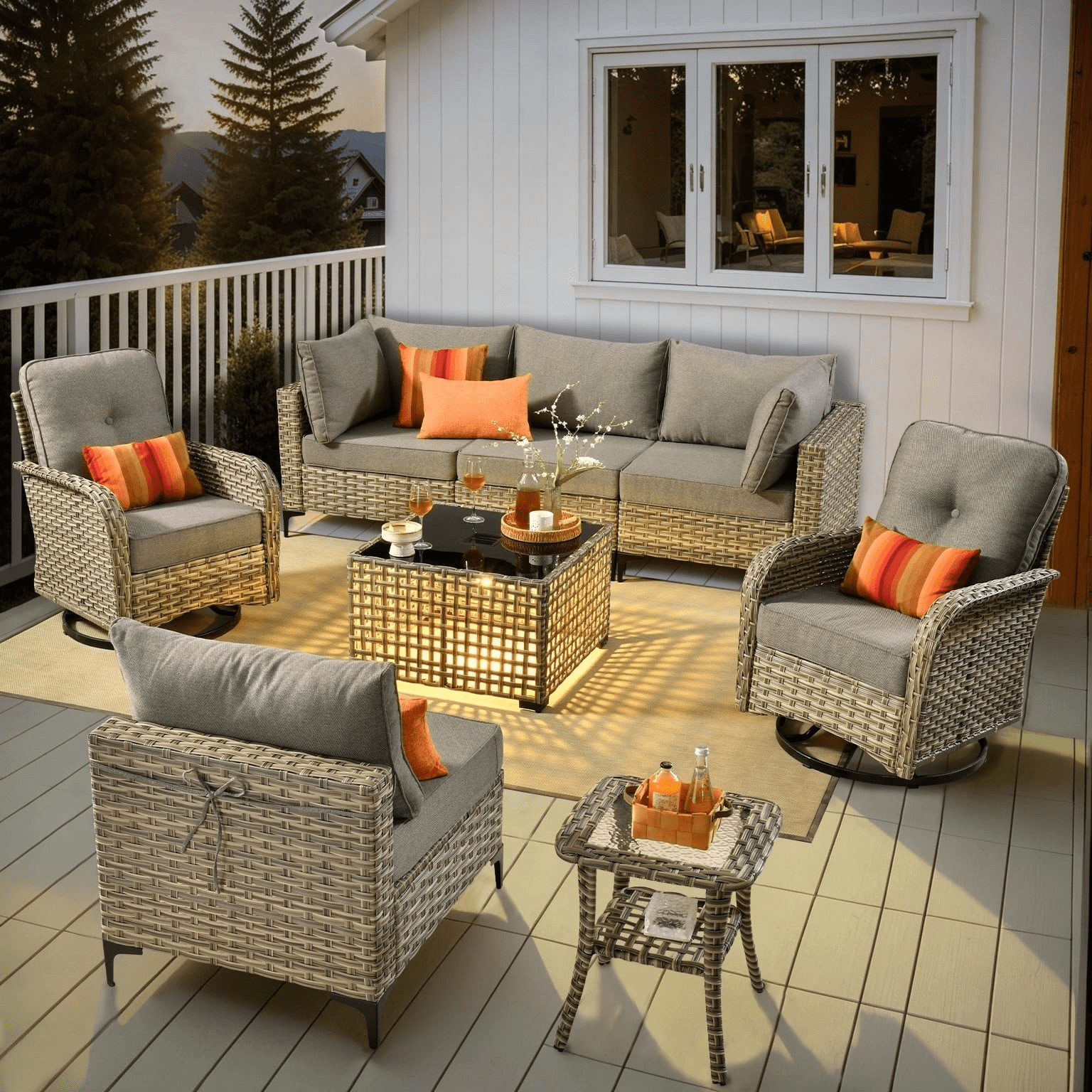 COOS BAY Sand Dune Set Of 3 Round Wood Top Stacking Nesting Coffee Tables With Metal Base And Ottoman With Blue Cushion