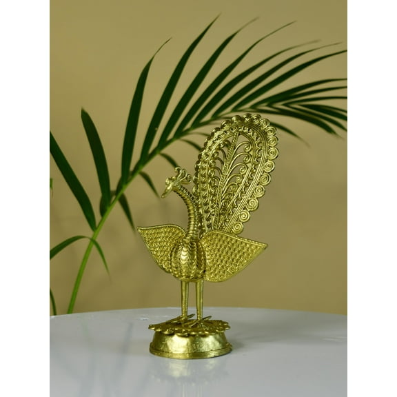 Sowpeace Golden Brass Handcrafted peacock using Dokra metal art 8 inch Figurine Pack of 1