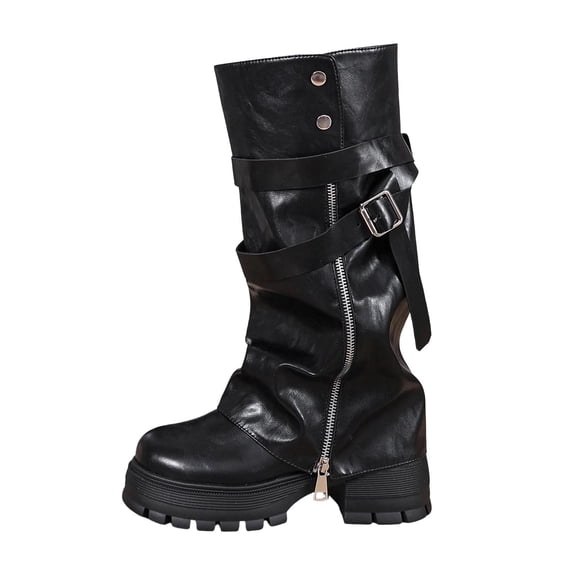 Women Mid Calf Boots Heel Fashion Buckle Round Toe Fall Winter Comfortable Platform Boots