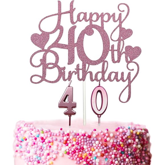 Glittery Rose Gold Happy 40th Birthday Cake Topper, 40th Birthday Cake Decoration with Number 40 Candles for Women, Cheers To 40 Years Birthday Party Supplies