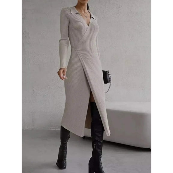 Tied Collared Neck Long Sleeve Sweater Dress