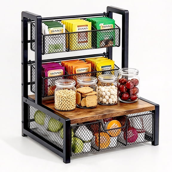 FT Hita Coffee Bar Organizer, Countertop K-Cup Holder with Sliding Mesh Drawer & Detachable Basket, Metal & Wood Coffee Pod Storage for Syrup, Cups, Condiment, Tea Bags, Home Office Coffee Station