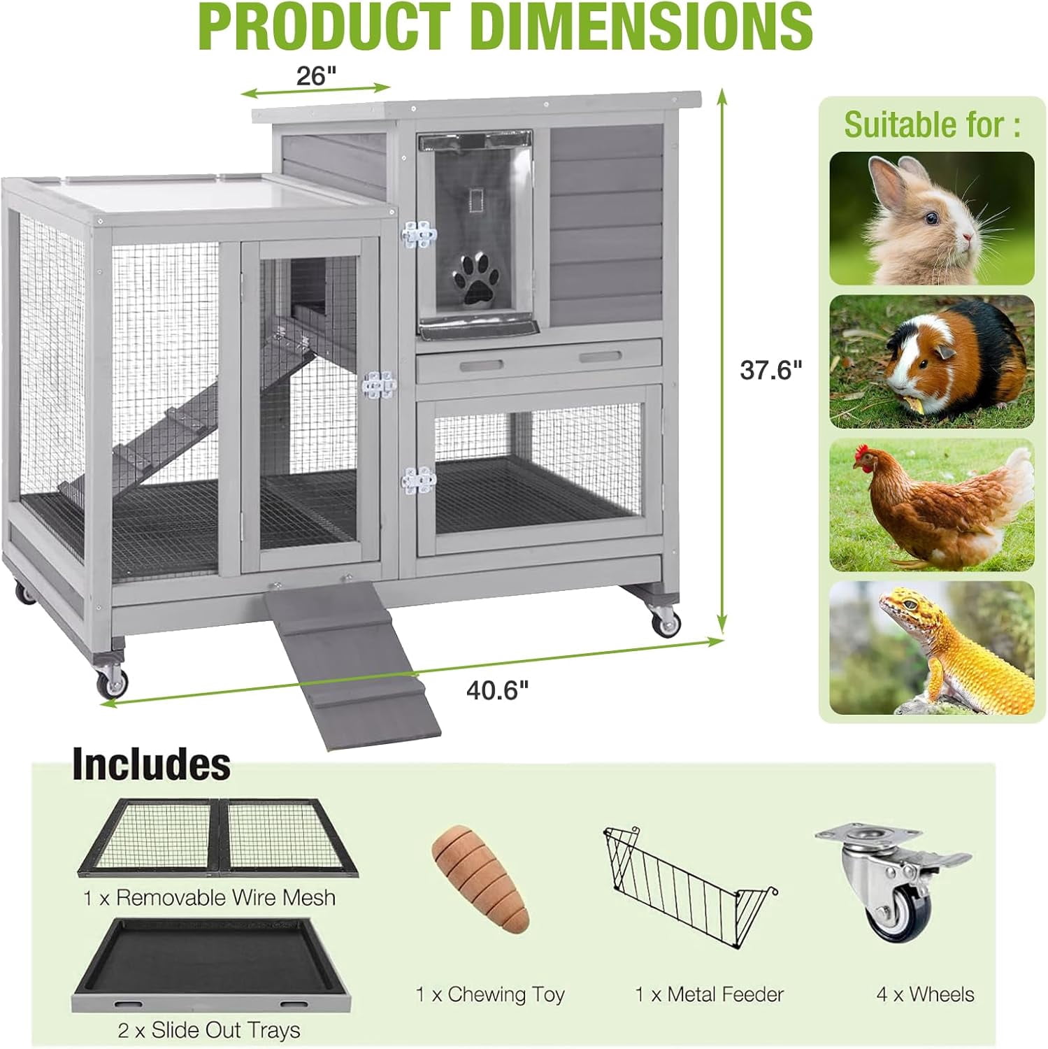 Aivituvin Rabbit Hutch, Indoor Bunny Cage with Run Outdoor Rabbit House with Two Deeper No Leak Trays Light Gray