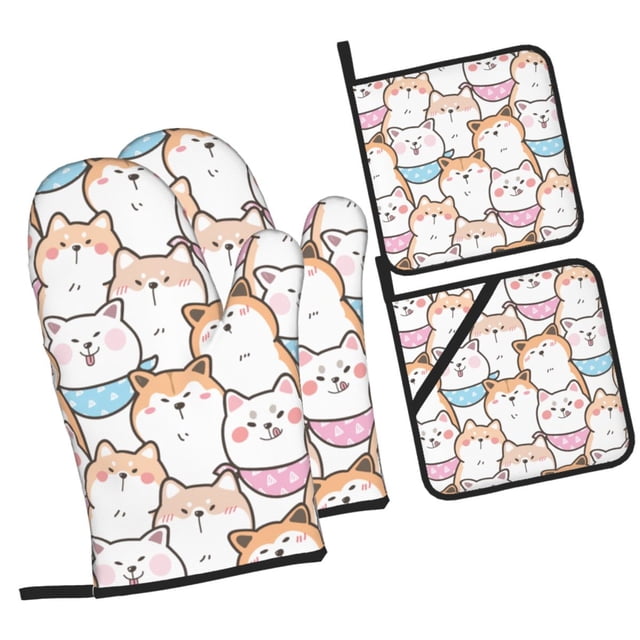 LAKIMCT Cute Shiba Inu Pattern Oven Mitts and Pot Holders Sets Non-Slip Potholders Heat Resistant Oven Gloves for Kitchen Baking Cooking BBQ, 4-Piece Set