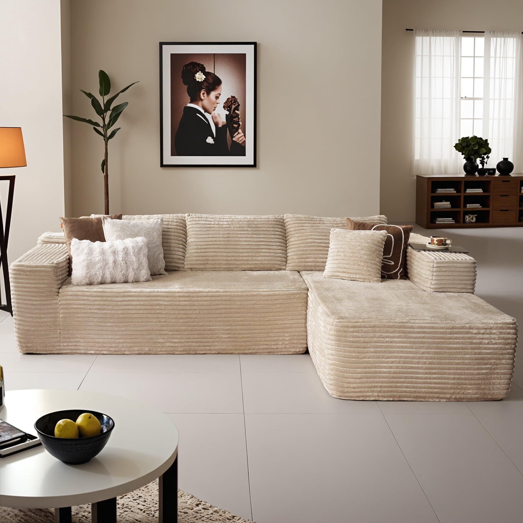 Ovios 106" Cloud Sofa Couch No Assembly Boneless Deep Seat Sofa for Living Room, Beige(Plush Corduroy)