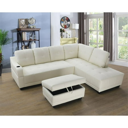 Bluebell Faux Leather Sectional Sofa With Ottoman White Bluebell Faux Leather Sectional Sofa With Ottoman White