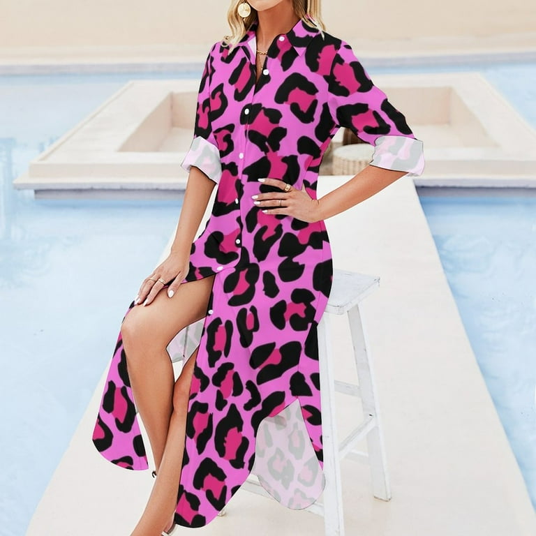Hot Pink Leopard Print Long Sleeved Shirt Dress womens clothing women's summer clothing 2024 - Walmart.com Hot Pink Leopard Print Long Sleeved Shirt Dress womens clothing women's summer clothing 2024 - Walmart.com
