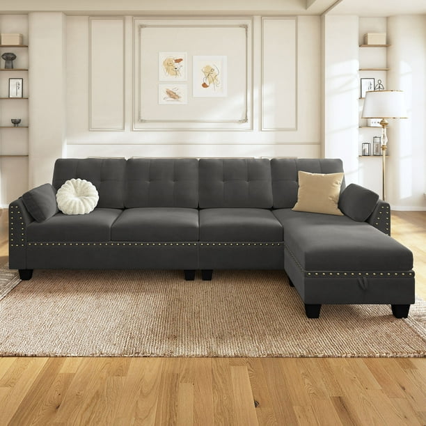 HONBAY Velvet Convertible Sectional Sofa L Shaped Couch with Storage Ottoman Reversible