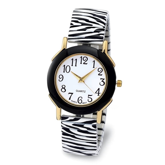 LINEL Woman Zebra Stretch Band Watch Easy Read White Dial Black Faux Marble Case Black White Round Dial