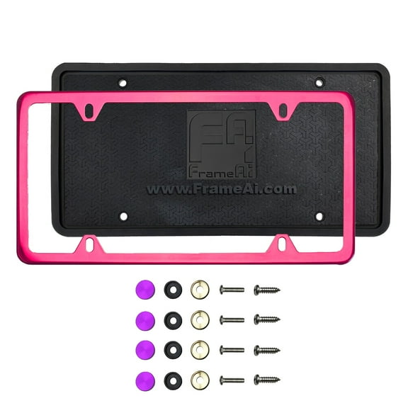KA Depot Silicone Back Guard Four Holes Slim License Plate Holder Raspberry Pink Chrome License Plate Frame T304 Stainless Steel   Metal Screw Caps