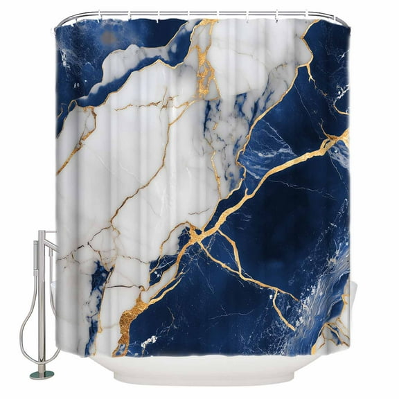 Shower Curtain Bathroom Set Navy Blue Grey Marble Waterproof Fabric Shower Curtains with Grommets&Hooks Gold Foil Abstract Stripe Privacy Bath Curtain for Bathtub 36x72in