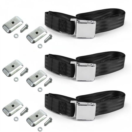 safeTboy Black Lap Bench Seat Belt Kit with Bracketry for 1953-1956 Ford Truck Airplane 2 Point - 3 Belts