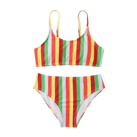Toimothcn Girl s Bathing Suit Sleeveless Casual Striped Printed 2 Peice Bikini Set Quickly Dry Cover Up Swimwear 9-11 Years