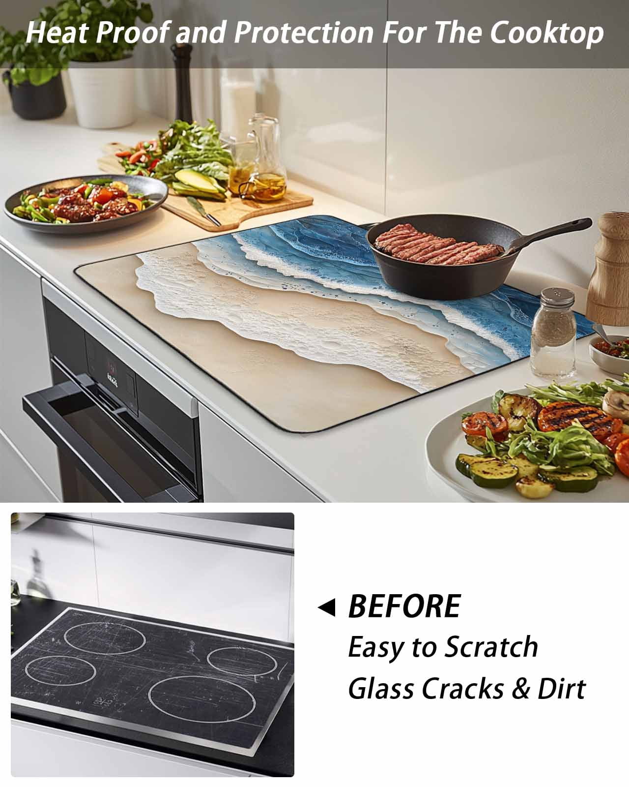 Stove Top Covers for Electric Stove, Blue Beach Coastal Glass Stovetop Cover Protector, Nautical Seaside Ocean Beige Induction Cooktop Protector Oven Mat for Kitchen Countertop 24"x21"