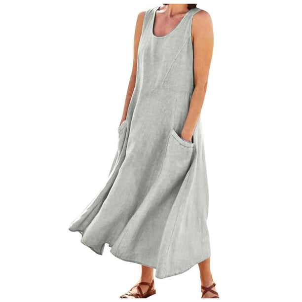 Vestido de bolsillo de lino de algodón sin mangas SCZ color sólido casual gris claro 5xl