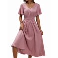 thumbnail image 3 of Women'S Vintage Polka Dot Dress V-Neck Waist Cinching Elegant Short Sleeved A-Line Dress Pink S, 3 of 9