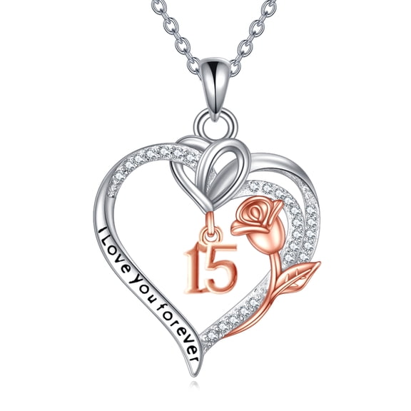 Birthday Necklace Sterling Silver 15th Birthday Pendant Necklace Heart Rose Flower Birthday Jewelry for Women Mothers Day Christmas Gifts